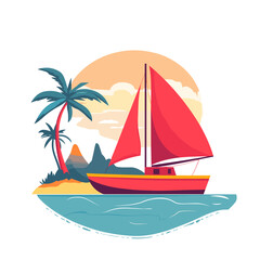 Fototapeta premium Sailing boat near tropical island flat design