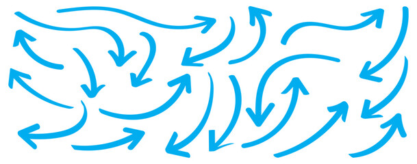 Blue hand-drawn arrow marker. Blue Hand-drawn brush stroke arrows. Blue charcoal ovals and arrows strokes different forms. Hand drawn vector arrows doodle set on white background. Blue long arrow set.