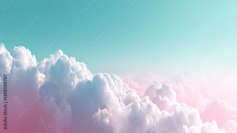 Poster fluffy white clouds float peacefully in a gradient pastel sky, merging soft pink and mint hues. the 