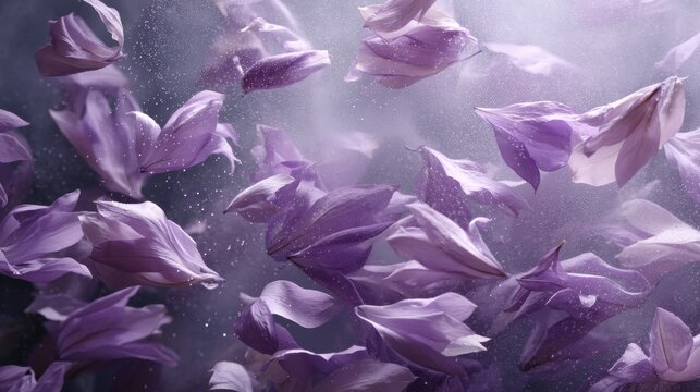 Delicate purple petals glisten with morning dew as a fine mist sprays from a hidden sprinkler against a soft-focus sunrise, evoking a serene ambiance