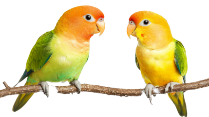 a couple of colorful birds perched tree branch standing on a transparent background, PNG image, PNG file, Generative art.