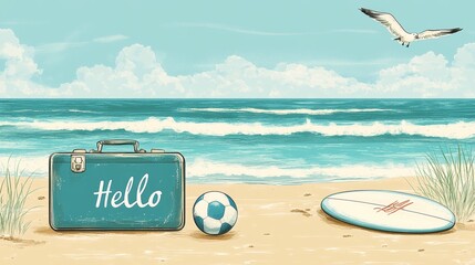 A summer vacation at the beach with a suitcase and a surfboard in view