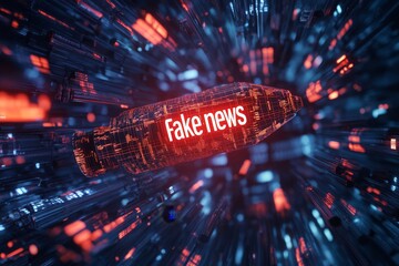 3d rendering of a glowing red bullet with  fake news  text in a digital space from low angle