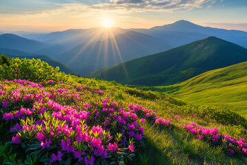 The sun rises behind the mountains, illuminating them with golden rays of light. 