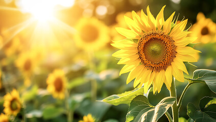 Naklejka premium The sun is shining brightly, and the background features a field of vibrant yellow sunflowers with green leaves., bright light shines on them, creating a warm atmosphere.
