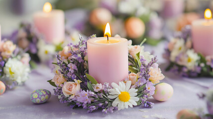 Easter Table Setting With Candles And Flowers
