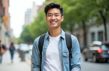 Portrait of young Asian man walking in city street smiling. Attractive male student with backpack. Happy cheerful guy in casual wear enjoying urban lifestyle. Education, business concepts.