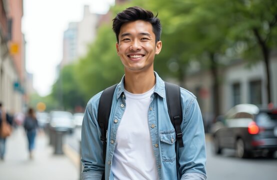 Portrait of young Asian man walking in city street smiling. Attractive male student with backpack. Happy cheerful guy in casual wear enjoying urban lifestyle. Education, business concepts.