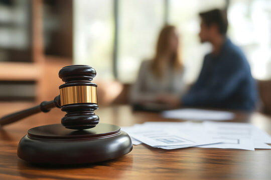 Courtroom setting with a gavel in focus as a blurred couple discusses legal matters in the background during a mediation session