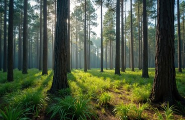 Obraz premium Mesic pine flatwoods in north Florida. Tall pine trees, green saw palmetto, lush undergrowth under blue sky. Remote wilderness, hiking destination, natural landscape, beautiful scenery.