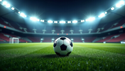 Soccer ball resting on green grass in a beautifully lit sports stadium during the night.

