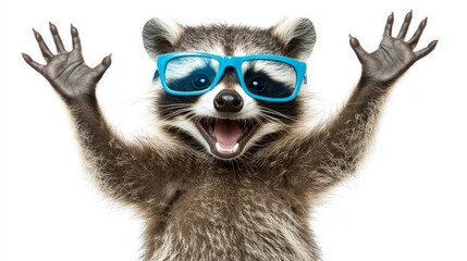 Fototapeta premium A playful furry mammal, wearing blue sunglasses, waves hello against a white backdrop, with a close-up showcasing its expressive details