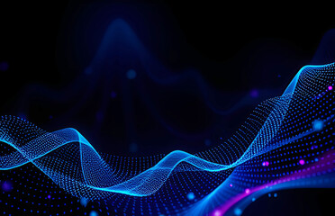 Abstract digital wave of glowing blue particles at dark background, futuristic high-tech atmosphere