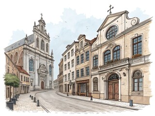 Obraz premium Charming European Street Scene Historic Architecture Church Cobblestone Road