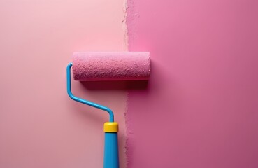 Obraz premium Roller applies vibrant pink paint wall. Blue handle with yellow detailing contrasts colors. Fresh paint, unfinished section showcase room transformation. Bricolage, interior design, home improvement