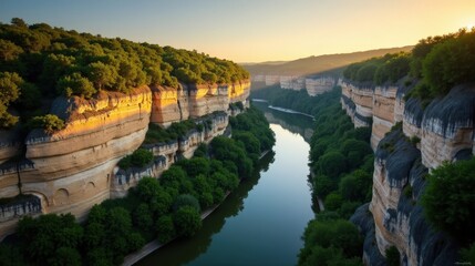 Panoramic view of Gorges de l'Ard&egrave;che in France at dawn, featuring mild, sunny summer weather.