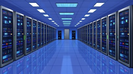 A modern server room filled with rows of computer servers.