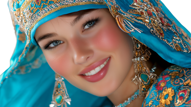 portrait of a young woman dressed in a blue traditional costume on a transparent background, PNG image, PNG file, Generative art.