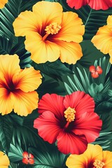 Vibrant Hibiscus Flowers Tropical Floral Pattern