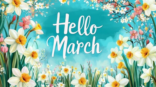 Welcome, March, with white daffodils and green leaves, on a pastel mint canvas