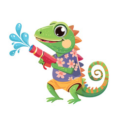 quirky chameleon wearing a floral-patterned summer outfit, gripping a water gun, playfully spraying water