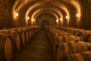 Explore a Rustic Wine Cellar With Wooden Barrels Lining the Dimly Lit Corridor