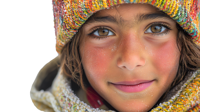 portrait of a young girl with blue eyes wearing a colorful hat on a transparent background, PNG image, PNG file, Generative art.