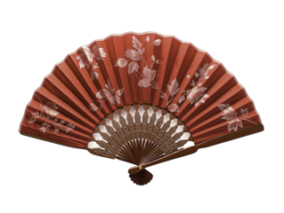 a red fan with white designs