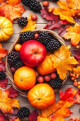 Autumn Harvest Basket Fruits Blackberries Fall Leaves