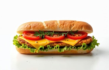 Sandwich with chicken fillet cheese tomatoes herbs isolated white background. Fast food cafe take away snack lunch dinner. Baguette bread, crusty bun, tasty ingredient, healthy fresh lunch ready eat.