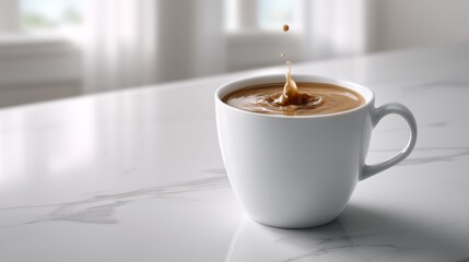 Obraz premium Ceramic cup filled with coffee is captured mid-pour, showcasing tiny milk droplets suspended in air above the rich swirling liquid in a bright setting