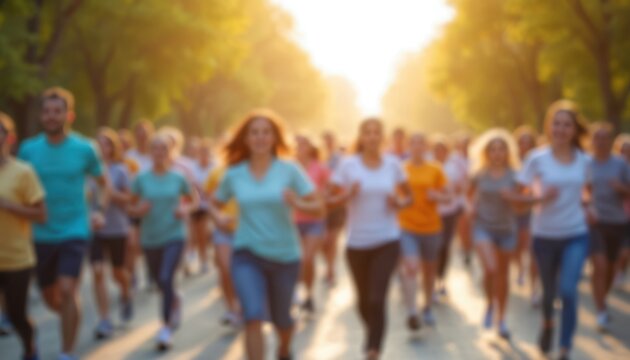 Blurred background illustration of diverse people participating in charity run for World Health Day. Athletes, volunteers, supporters together running, promoting wellness health. Group of runners.