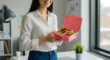 Smiling woman holding a lunchbox with healthy snacks at office, bright and minimal workspace