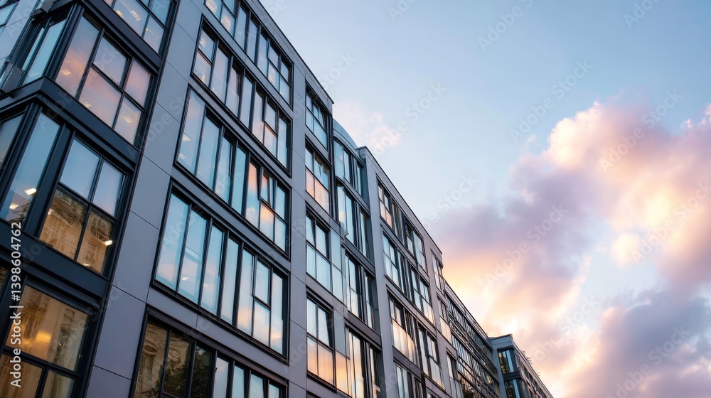 Poster Low-angle perspective captures a contemporary building with reflective windows mirroring vibrant sunset hues and soft clouds at dusk in an urban setting