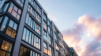 Obraz premium Low-angle perspective captures a contemporary building with reflective windows mirroring vibrant sunset hues and soft clouds at dusk in an urban setting