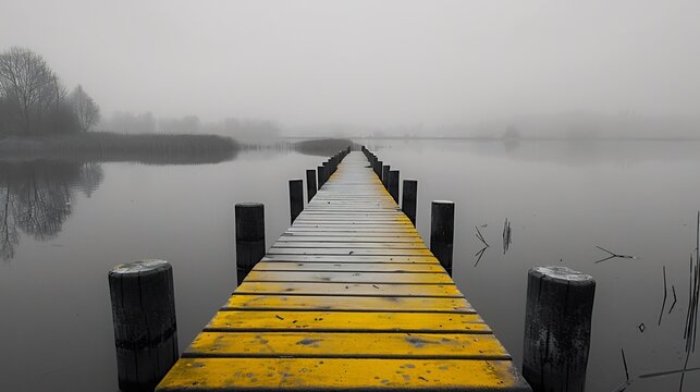 Fototapeta Grayscale pier extending into a lake where golden hour hues in selective color reflect in the still waters