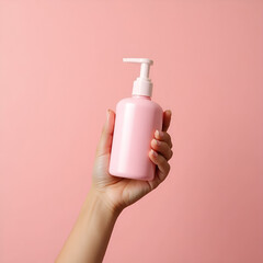 female hand holding a bottle of skin care