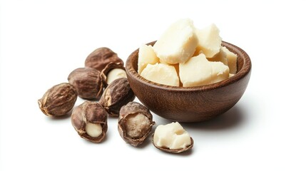Aerial view of shea butter and shea nuts isolated on white background cut out.