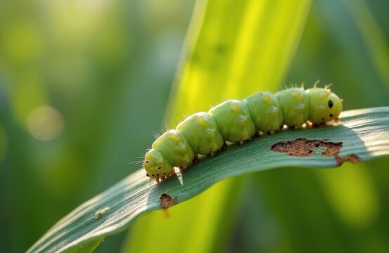 on corn leaf macro shot. Pest eats the plant, causing damage in agricultural field. Insect is a major threat to crops. Fall armyworm Spodoptera frugiperda causes crop losses.