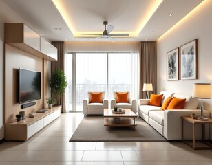 Fototapeta premium Modern, bright living room design. White sofa, orange pillows. Wooden table, floor, wall panels. Interior design features comfortable leisure chair, TV, plants, curtains, lamps. Luxury apartment