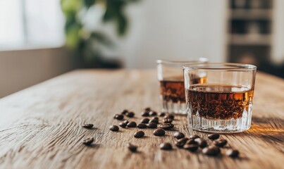 Coffee flavored alcohol drink with coffee beans on tabletop product