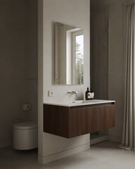 Modern Scandinavian bathroom interior, modern bathroom cabinet, white sink, wooden counter, bathroom accessories and toilet, 3D render