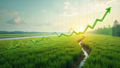 Green field land, rising graph arrow up shows growth. Agriculture, finance, economy, and real estate concept. Business plan, investment, profit, money. Land value, growth, success concept.