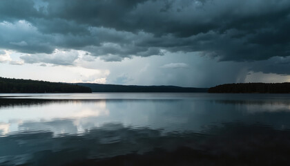 Fototapeta premium Dramatic Dark Storm Clouds Over Calm Lake with Reflective Water for Nature Blogs, Weather Websites, Landscape Photography, and Outdoor Education