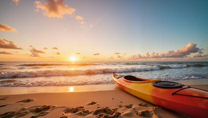 Fototapeta premium Kayak resting on sandy beach at sunset, peaceful ocean view 