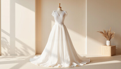Fototapeta premium Elegant wedding dress displayed in a bright, minimalist studio 