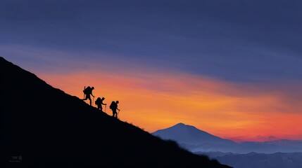 Hikers ascend mountain at sunrise