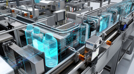 Digital twin model industry data performance prediction analytics. Automated production line featuring a digital twin model for industry applications.