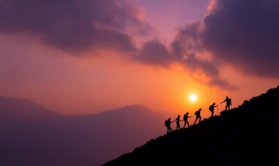 Hikers climb mountain at sunset