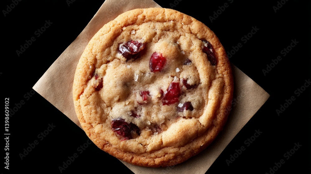 Poster Delicious cranberry cookie features crispy golden edges and a soft cracked center with visible red berries, presented on parchment with space for text